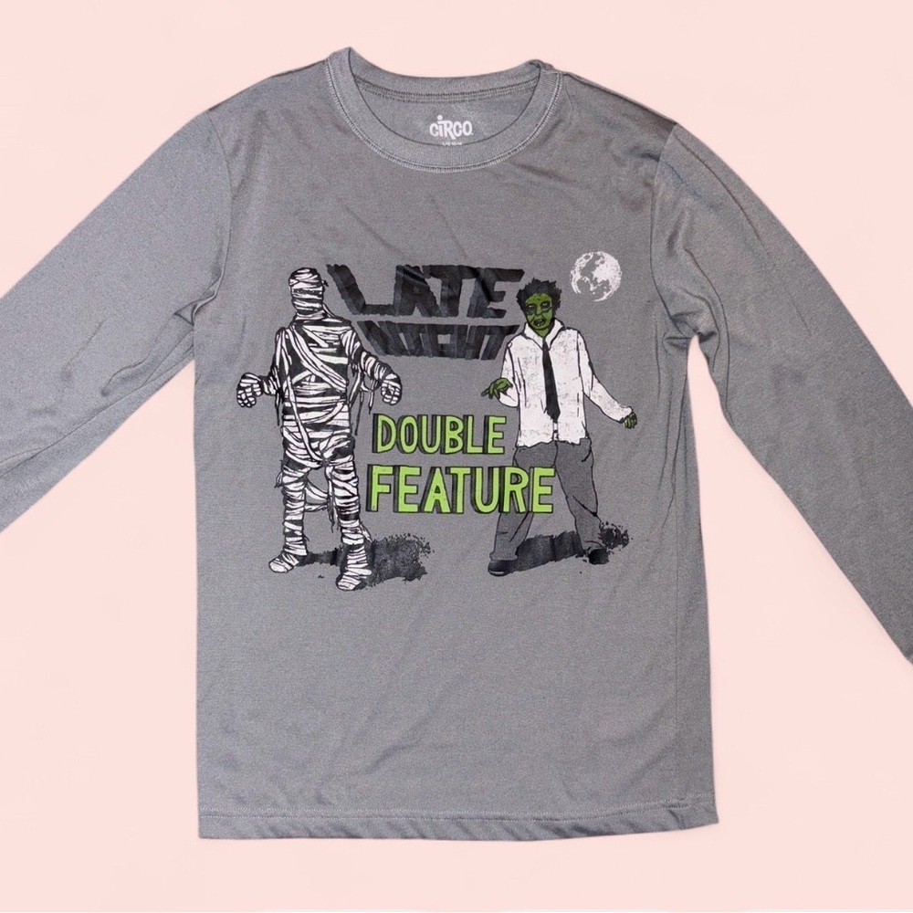 Circo Boys Large 12–14 Gray Long Sleeve Sleep Shirt “Late Night Double Feature”